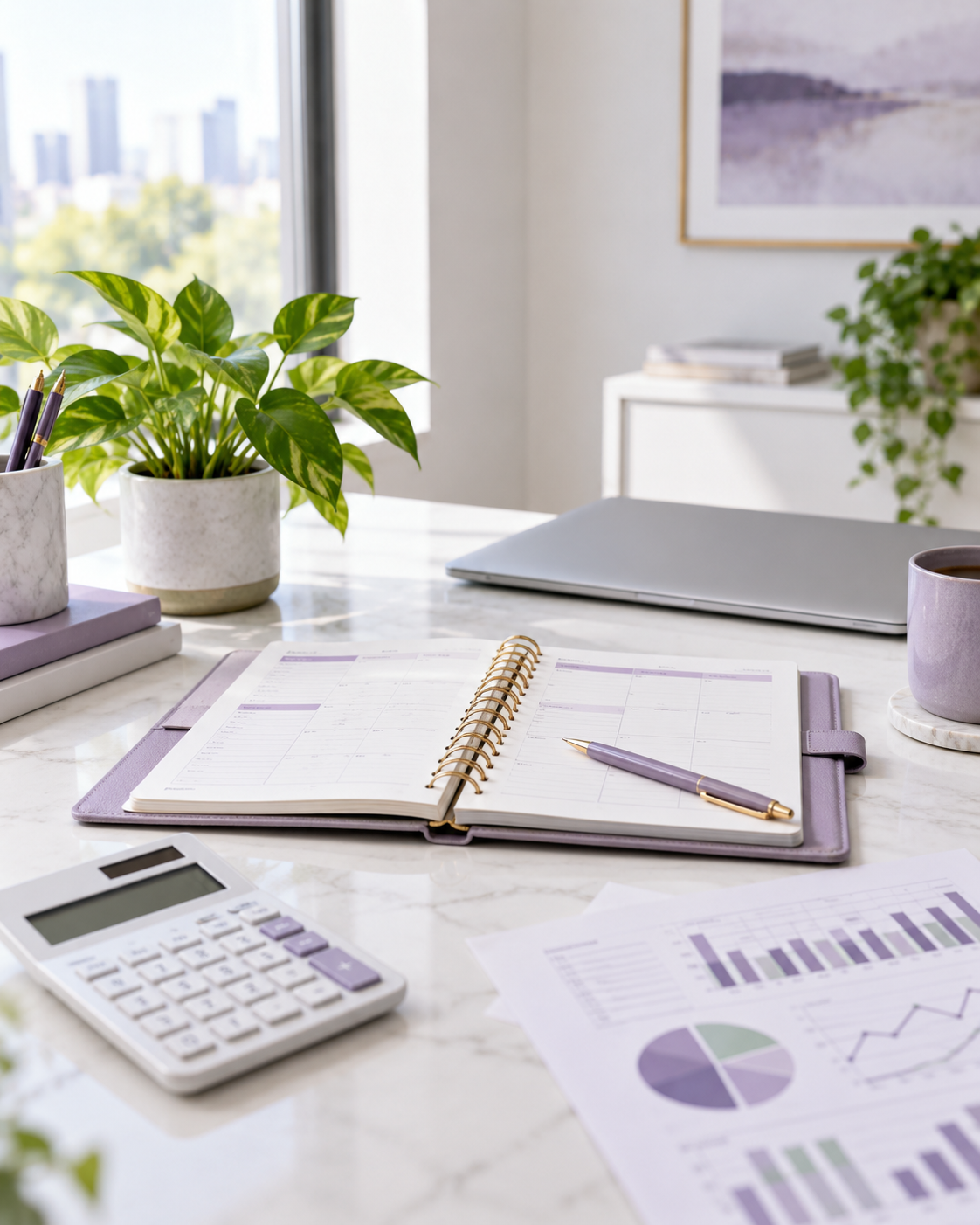 Organized financial planning workspace with a calculator, planner, and charts